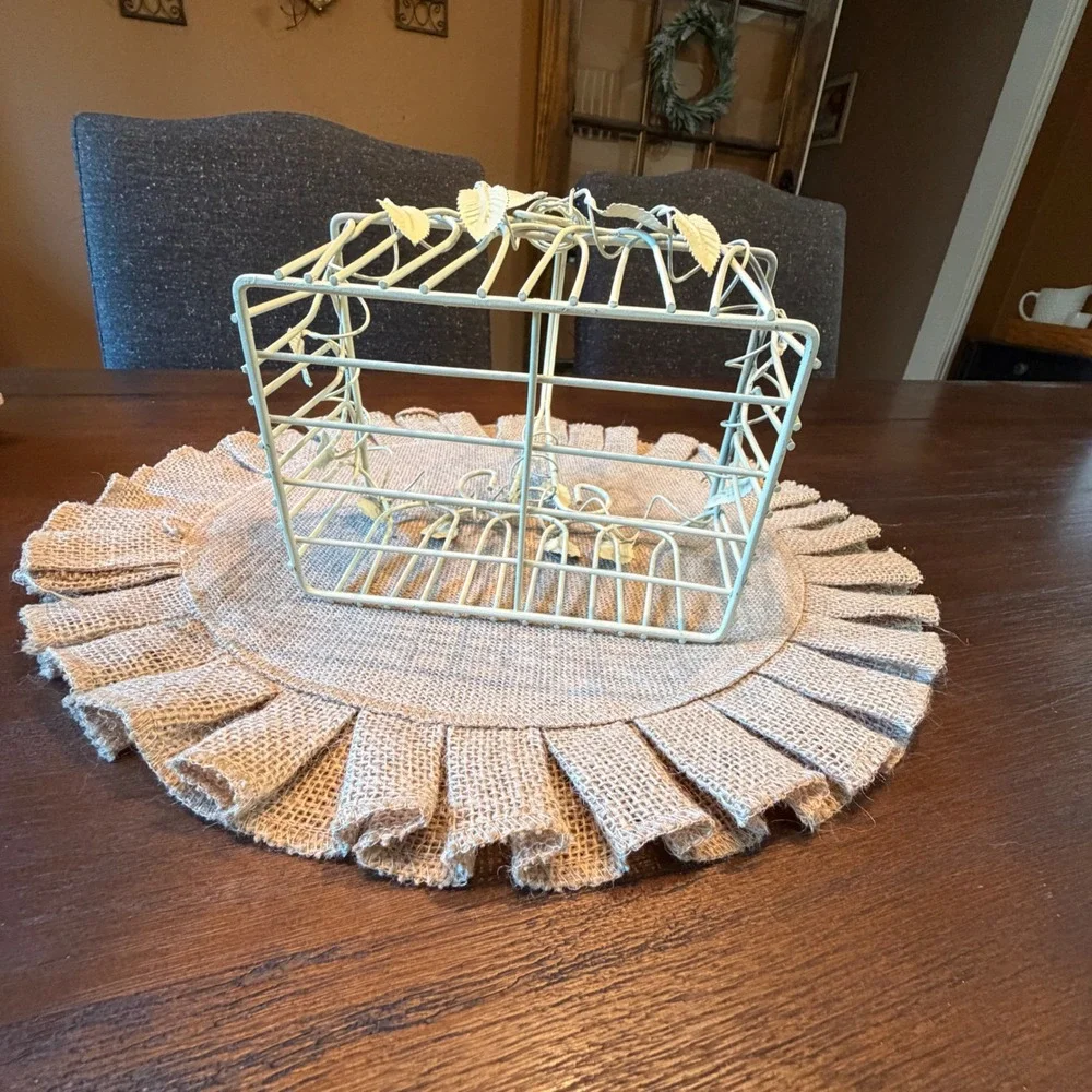 Vintage Cream Metal Wire Basket Leaf Vine Detail Farmhouse Decorative